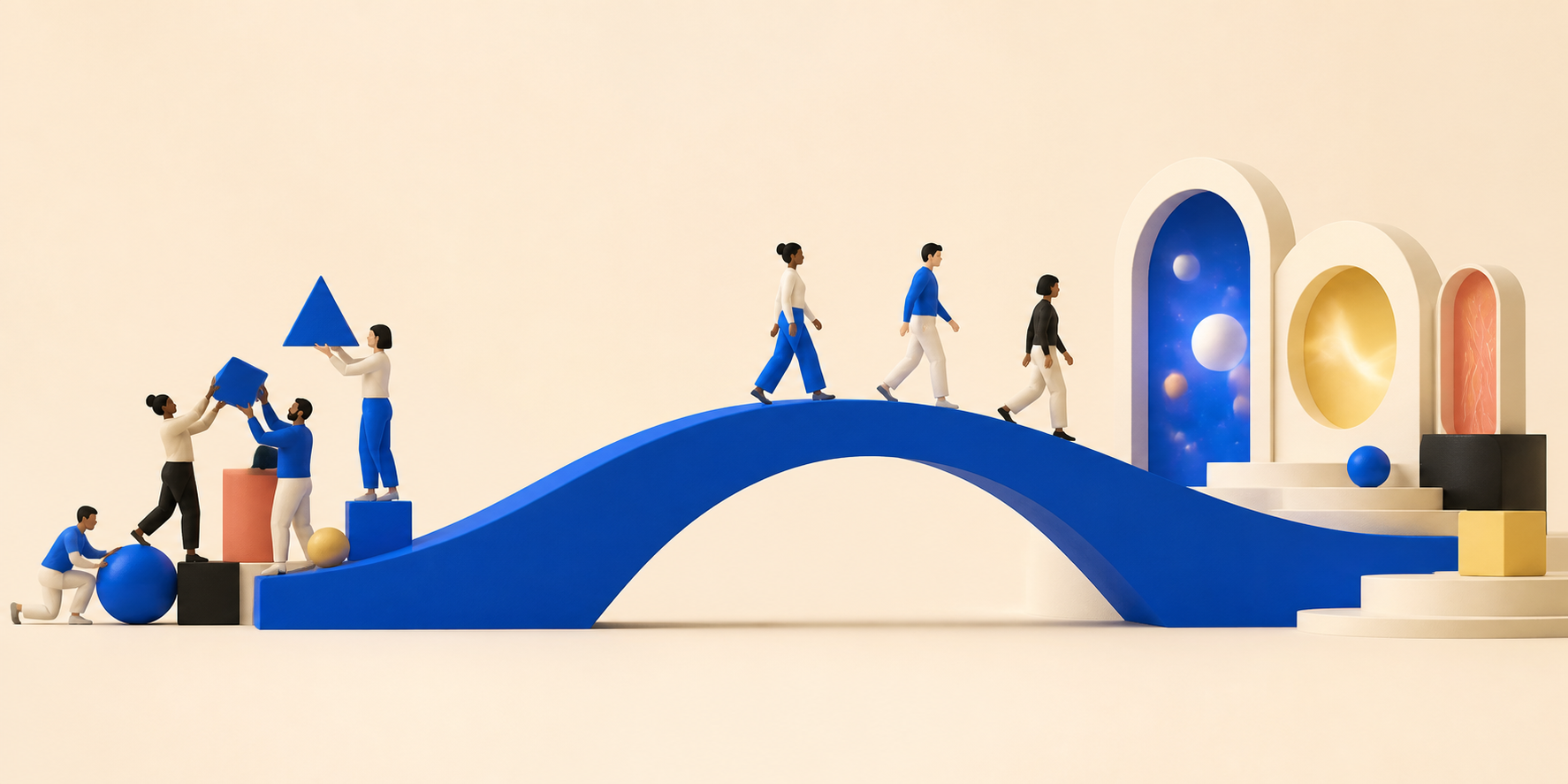 People building together and crossing a blue bridge toward useful services